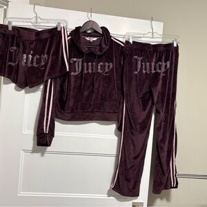 Juicy Couture Plum Velour 3-Piece Tracksuit with Pink Stripes
